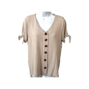French Laundry Womens Shirt Top Blouse Tan Striped Tied Short Sleeves VN…